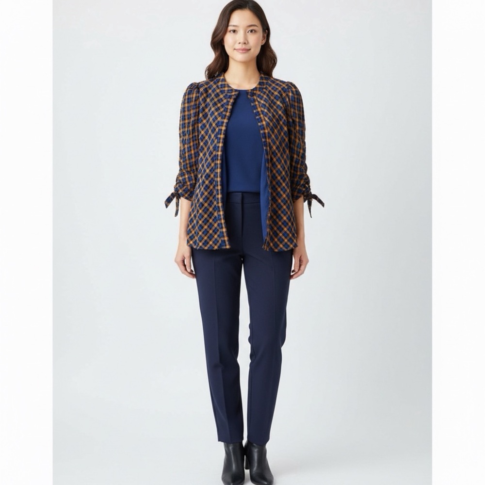 Eva Franco Anthropology Puff Sleeve Plaid Blouse Size 8 Navy/ Mustard